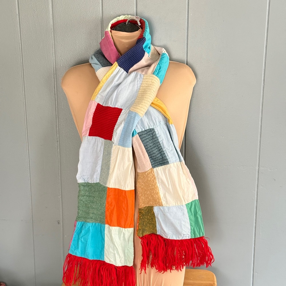 Handmade‎ Patchwork Quilt Fringe Scarf Thriftcore Indie Folk Whimsical Whimsy
